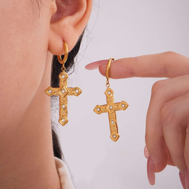 High-Quality 18K Gold Plated Stainless Steel Cross Dangle Earrings with Cubic Zirconia: Classic Style, Affordable Women's Daily Wear, Ideal Chris
