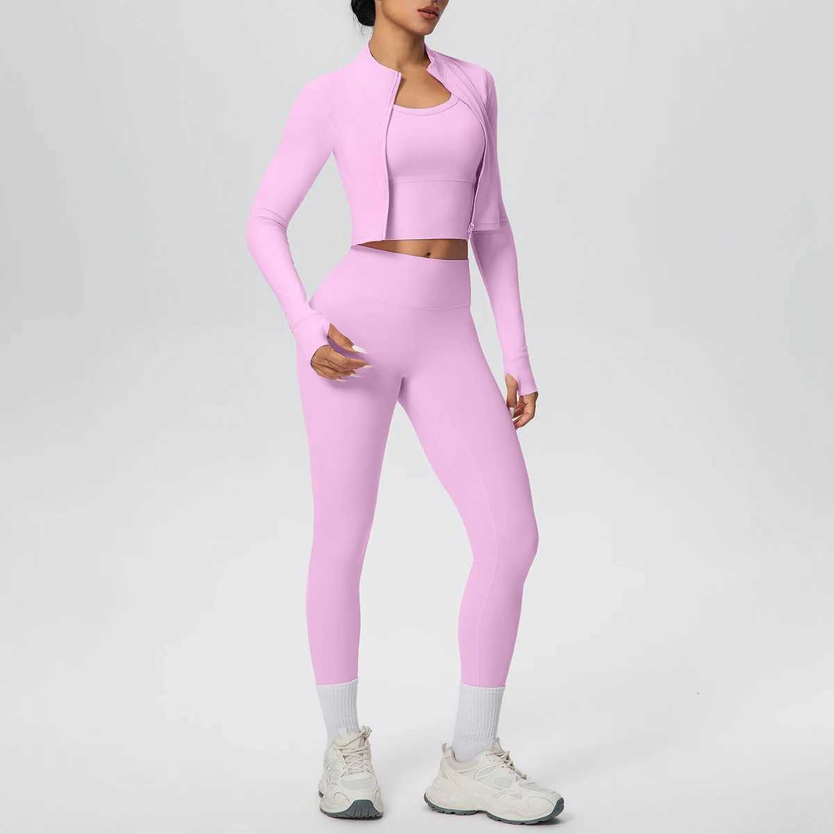 3Pieces Skin-friendly Solid Color Yoga Three Piece Set Zipper Long Sleeves Yoga Workout Top High Stretch Women Leggings Yoga SetT251211