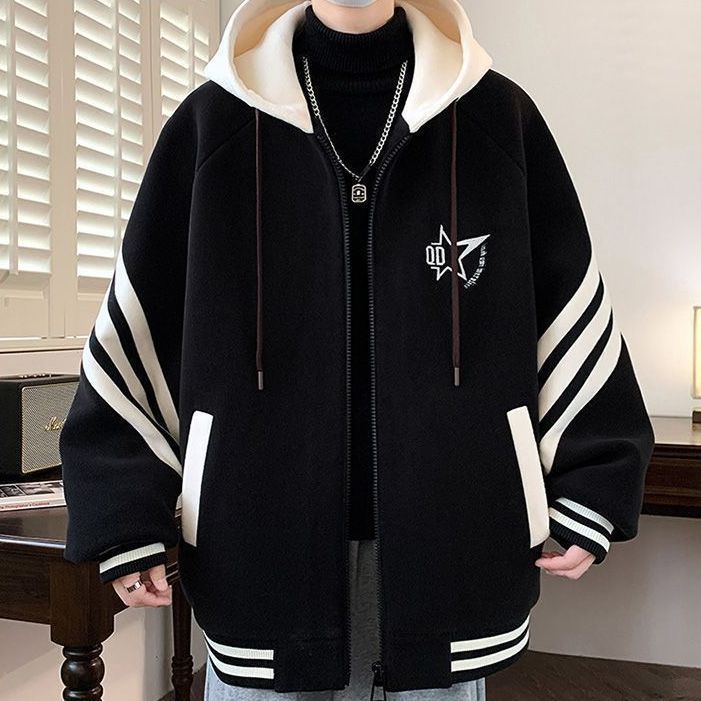 Teenager Men's Fleece-Lined Baseball Jacket: Loose Plus Size, Hooded Outerwear, Trendy Brand, Autumn/Winter Warm Coat