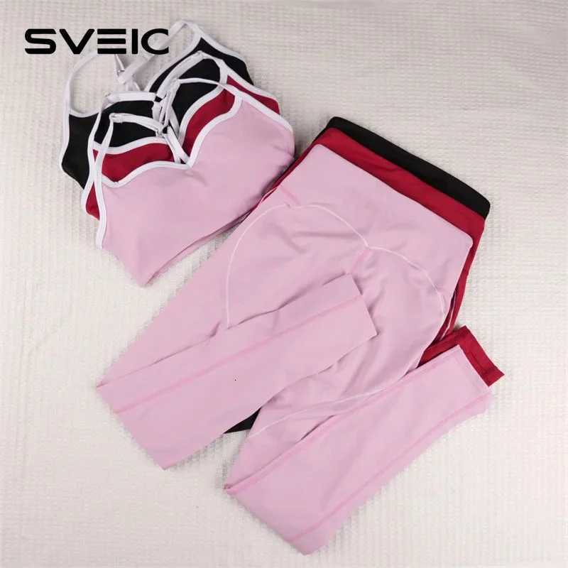 SVEIC Sports Bra Set Yoga Contrasting Color Fitness Suits High Waisted Leggings Workout Sportswear Running Training Gym ClothingT251211