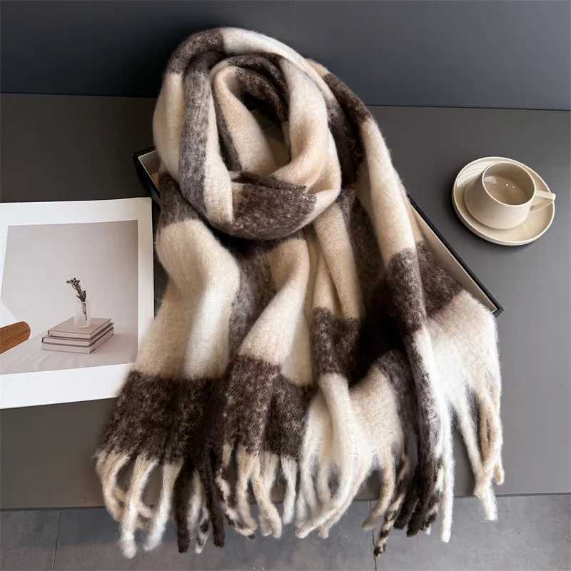 Neck Warmer Scarf For Women Winter Thickened Tassel Pashmina Shawl Faux Cashmere Warps Autumn Rainbow Plaid Elegant Blanket Y251211