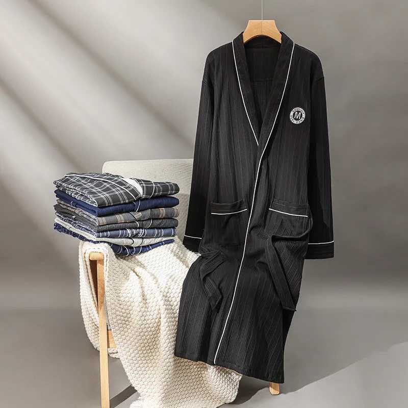 Spring Autumn Plaid Bathrobe Men Sleep Top Kimono Robes for Male Full Pure Cotton Long Bath Robe Bride Robe Dressing Gown M-4Xl L251211