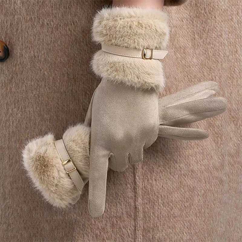 Winter Women Keep Warm Plus Velvet Touch Screen Thicken Plush Wrist Suede Gloves Fashion Personality Elegant Drive Cycling Y251211
