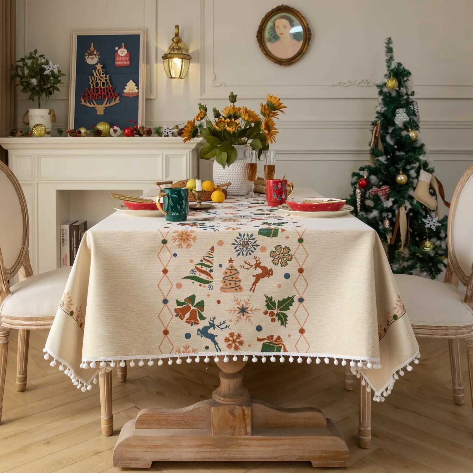 Christmas Bell ElkPattern Tablecloth Rectangle Tassels Dust-proof Cover For Tea Table Wedding Party Dining Room Decor H251211
