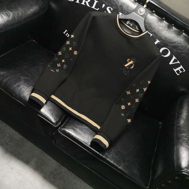 High-End Men's Sweatshirt With Letter Embroidery Rhinestones, Fashionable Long-Sleeve T-Shirt, Spring And Autumn Versatile Base Shirt, Youth Top