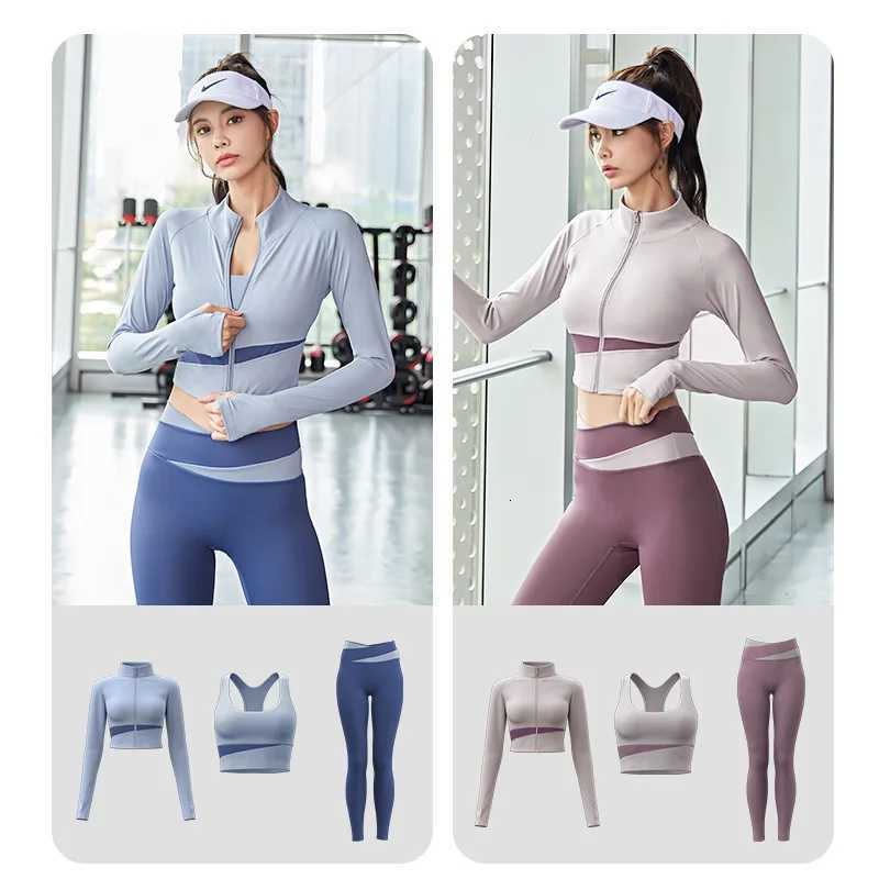 Women Yoga Patchwork 3 Piece Set Fitness Gym CoatsBraLeggings Workout Running Sportswear Clothing Tracksuit Ensemble FemmeT251211