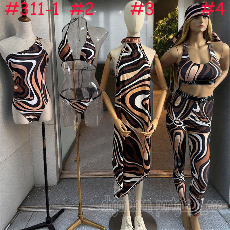 Designer Mixed Prints Bikinis Swimwear HeadBand Sarong Women Sexy Halter Neck Low Back Swimsuit Summer Holiday Beach Yacht Pool Party Underwater Resort Outfits