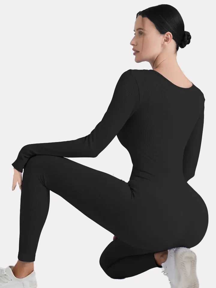 Solid Color Ribbed Yoga Jumpsuit Seamless Slim Fit Long Sleeve Sports Bodysuit Womens ActivewearT251211