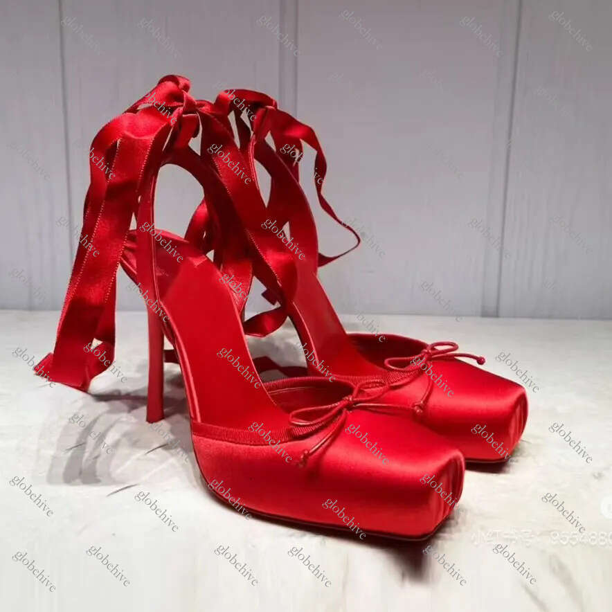 Women's Dress Shoes Bow silk Heels sandal Ballet pumps heels 11cm Luxury Designer Red Ankle strap Wraparound Party Wedding stiletto High evening shoes