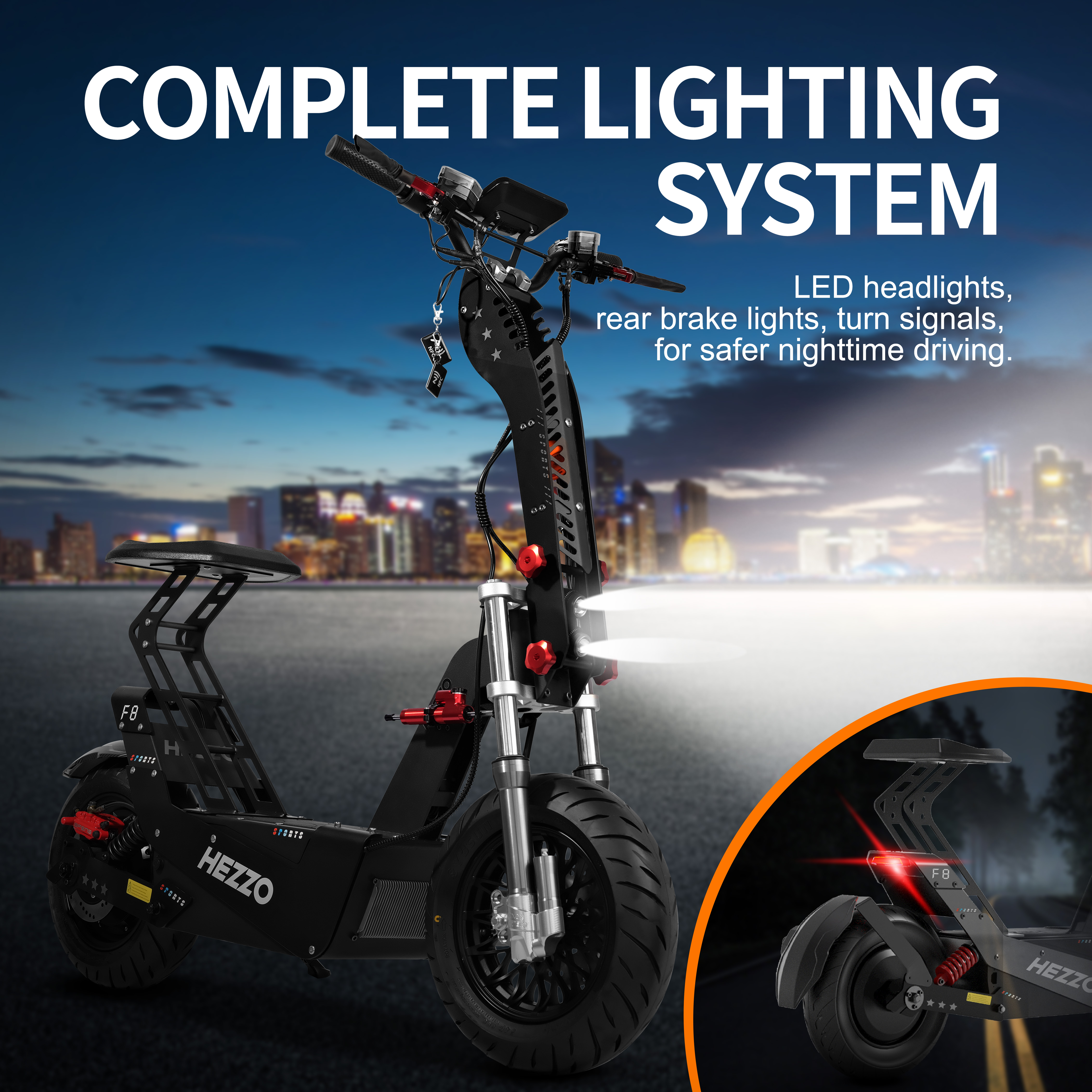 HEZZO F8 Escooter 72V 10000W Powerful 16Inch Electric Scooter 62Mph 50Ah 21700 93Miles Foldable Offroad Scooter With Seat