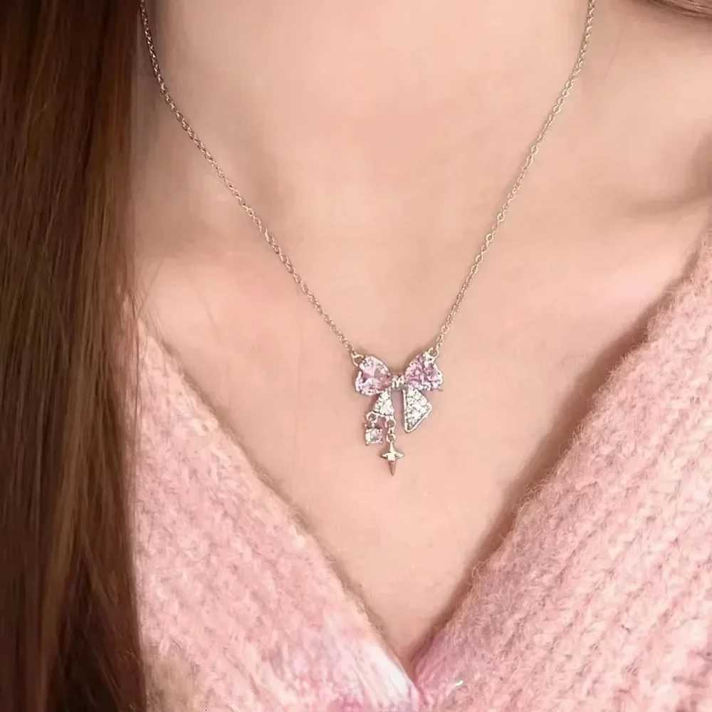 Korean Fashion Pink Crystal Heart Bow Tie Pendant Necklace Silver Color Chain Neck Necklace for Women Wedding Aesthetic Jewelry M251211