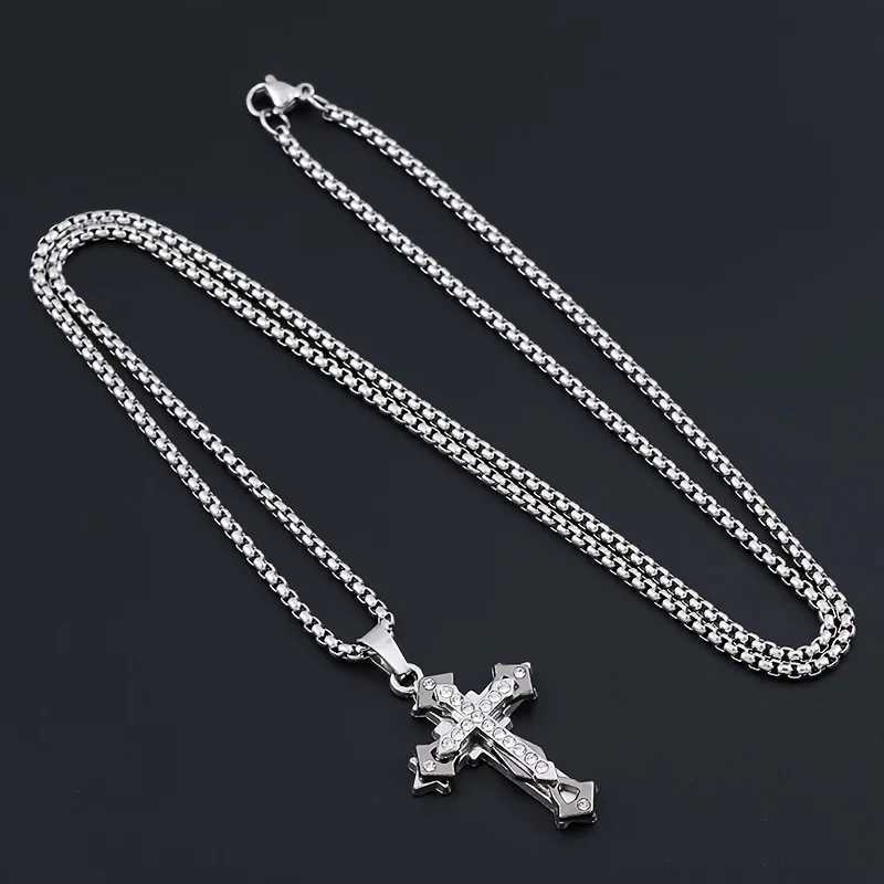 1pc Vintage Cross Pendant Necklace Men Stylish Gothic Style Inlay Diamonds Bilayer Cross With Stainless Steel Chain Jewelry Gift M251211