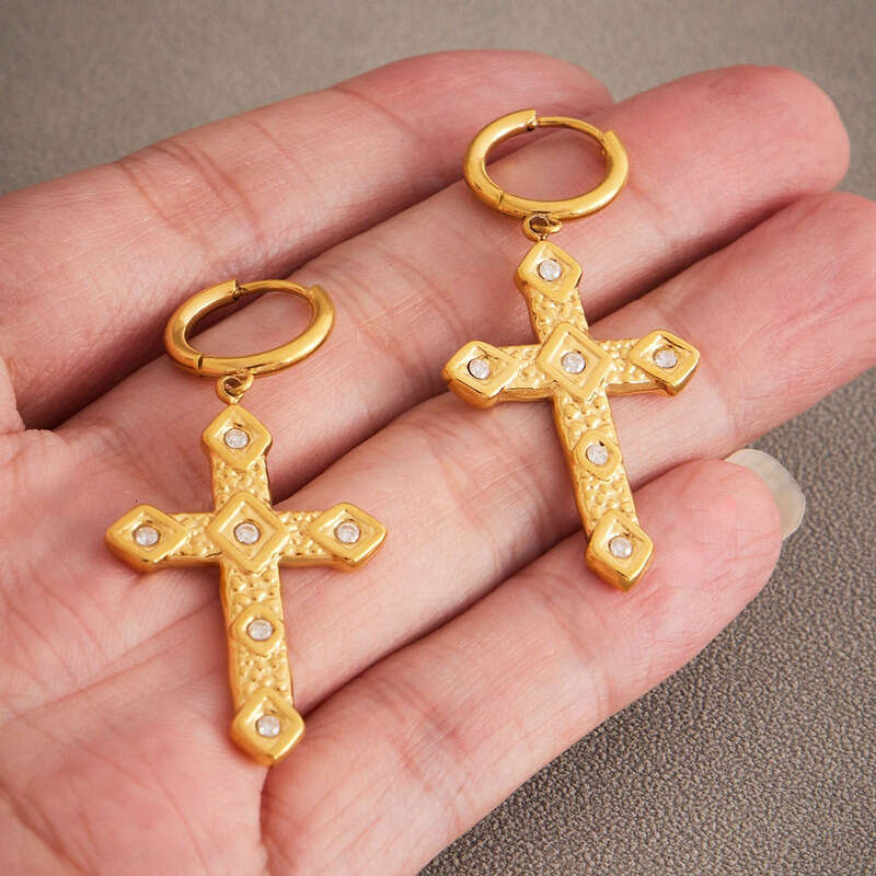 High-Quality 18K Gold Plated Stainless Steel Cross Dangle Earrings with Cubic Zirconia: Classic Style, Affordable Women's Daily Wear, Ideal Chris