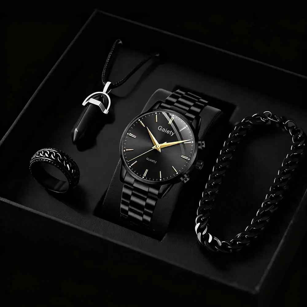 4PC Black Mens Minimalist Watch Set Business Trendy Lines Scale Round Dial Quartz Watch Bracelet Necklace Ring Set Perfect Gift 251209