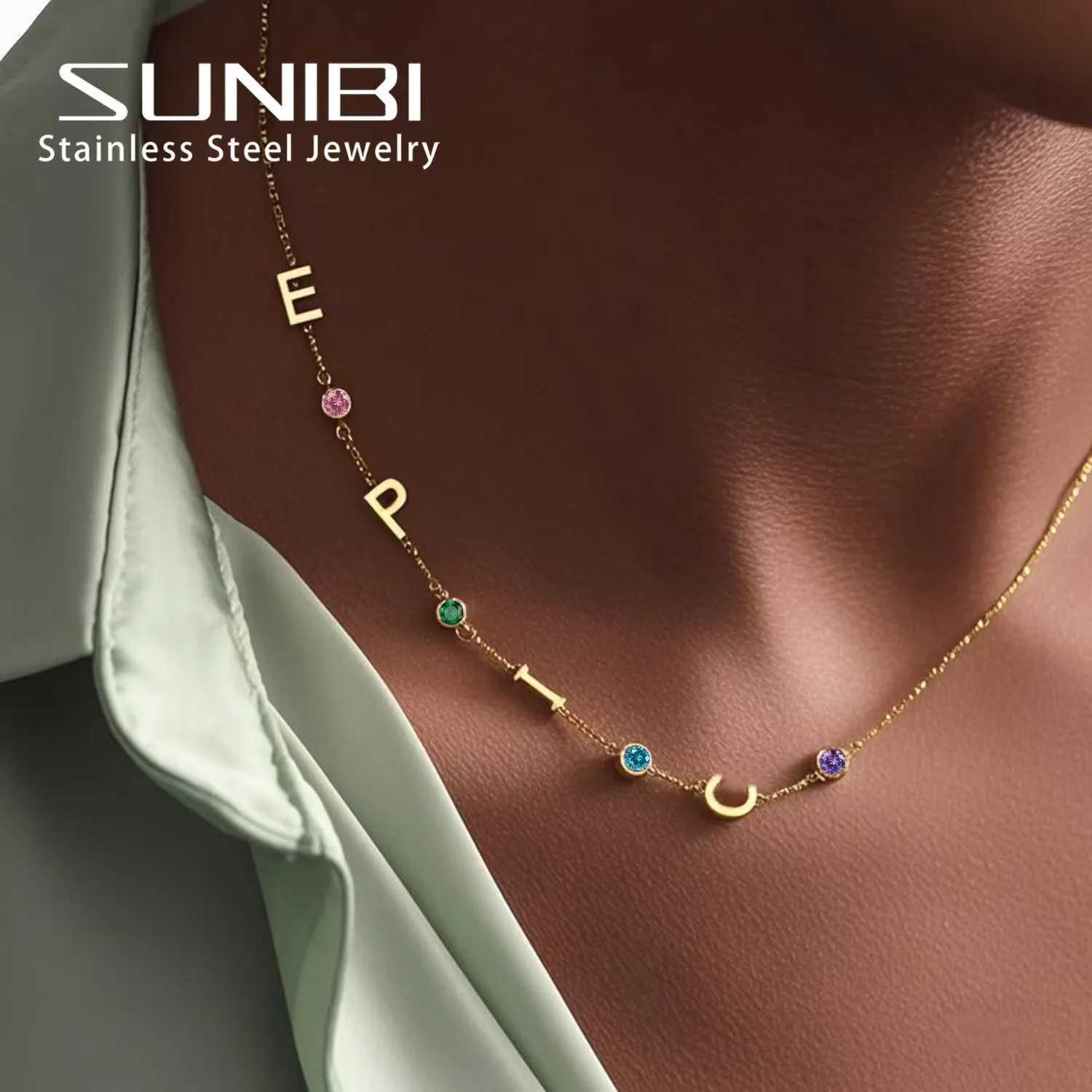SUNIBI DIY Birthstone Customized Necklace 26 Letter Side Pendant Necklace Gifts Dropshipping Wholesale M251211