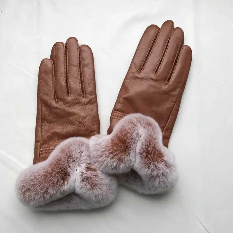 Women Winter Genuine Sheepskin leather Glove With Rex Rabbit Fur Cuff Warm Winter Female Genuine Leather Gloves Hand Warmer Y251211