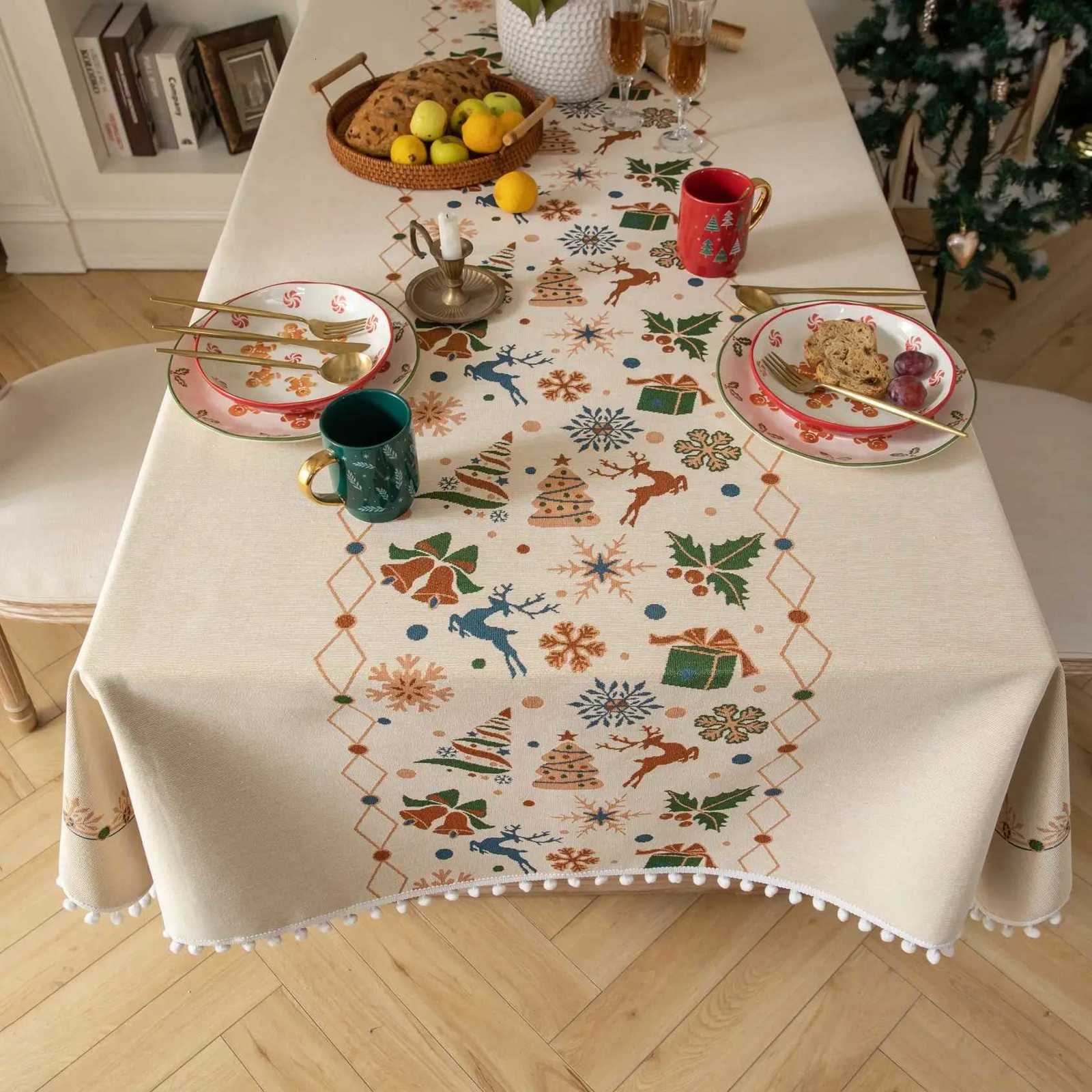 Christmas Bell ElkPattern Tablecloth Rectangle Tassels Dust-proof Cover For Tea Table Wedding Party Dining Room Decor H251211