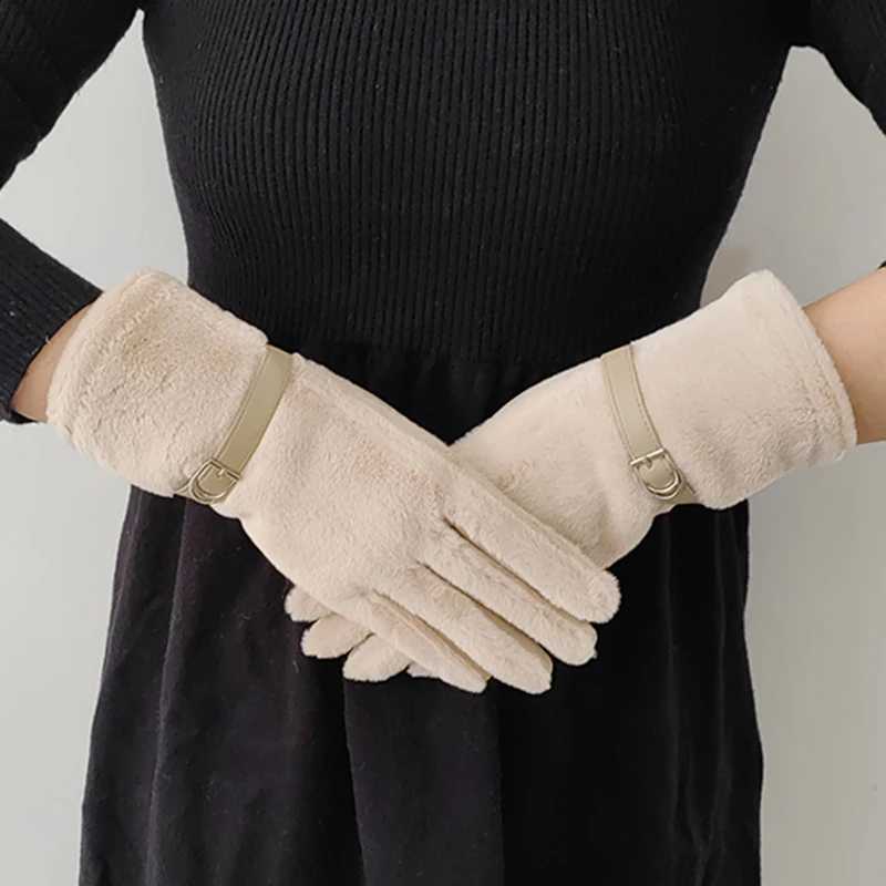 Fashion Elegant Suede Touch Screen Keep Warm Winter Women Gloves Imitate Rabbit Fur Soft Windproof Leather Buckle Soft Y251211