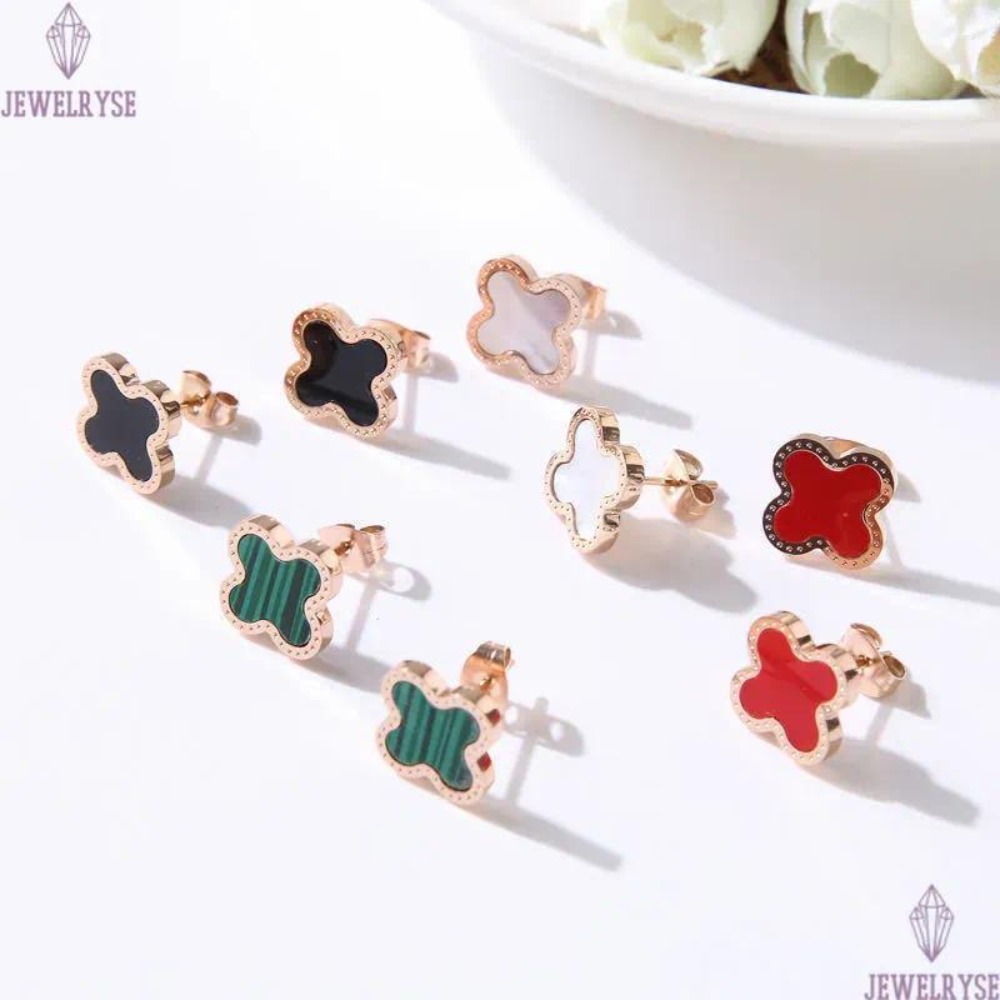 Titanium Steel Leaf Studs Earrings Women 18K Rose Gold Plated Fashion Luxury Shell Flower Jewelry Gifts Black Green White Red Leaves Charm Never Fade 