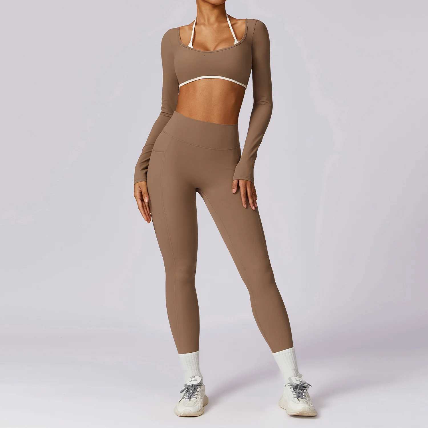 2 Pieces Women Tracksuit Yoga Set Workout Sportswear Gym Clothing Fitness Long Sleeve Crop Top High Waist Leggings Sports SuitsT251211