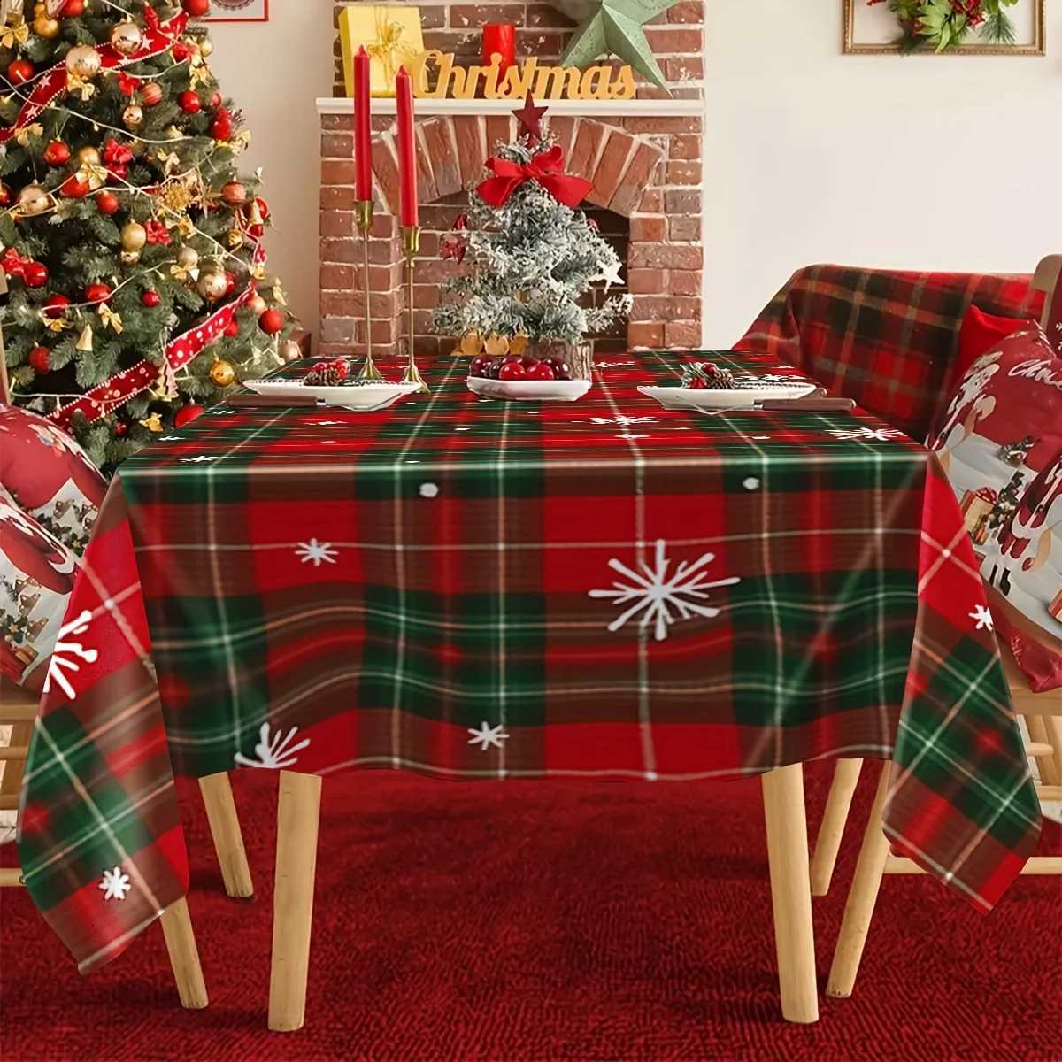 Merry Christmas Snowflakes Plaid Tablecloth for Table Decor Winter Xmas Kitchen Dining Table Cloth Christmas Decoration H251211