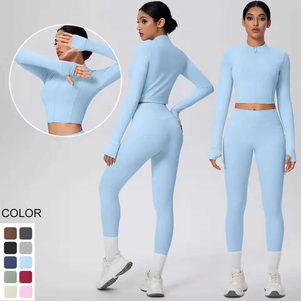 2PCS Woman Quick Drying Solid Color Zipper Long Sleeves Yoga Fitness Pants Set Gym Push Up Running Cycling Sports Yoga SetT251211