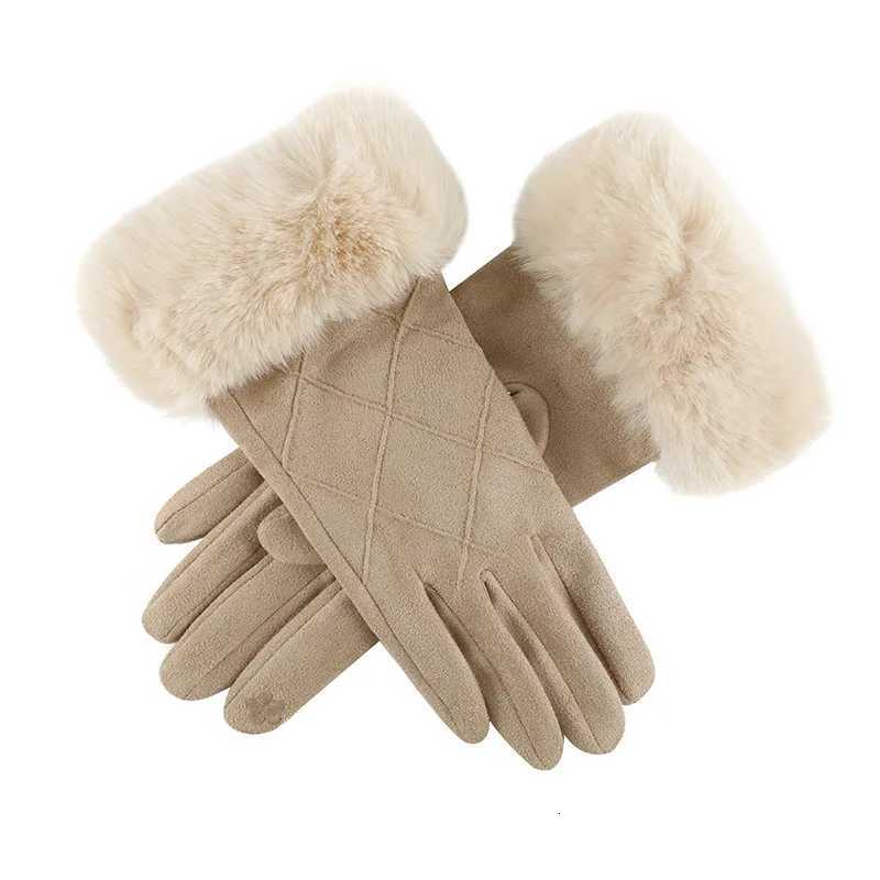 Fashion Elegant Lattice Suede Touch Screen Keep Warm Winter Women Gloves Plush Wrist Windproof Outdoor Cycling Drive Soft Y251211