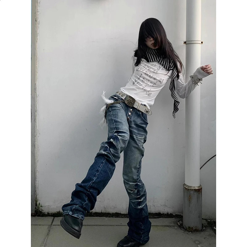 Washed Distressed Micro-flared for Women Stylish High Street Straight Jeans Harajuku Style Hip Hop Y2k Blue Trousers Z260313