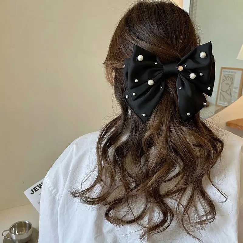 New Wen Girls Sweet Pearl Satin Bowknot Hair Clip Big Ribbon Bow Barrette Solid Color Scarf Hairpin Grip Ponytail Clip Y251210