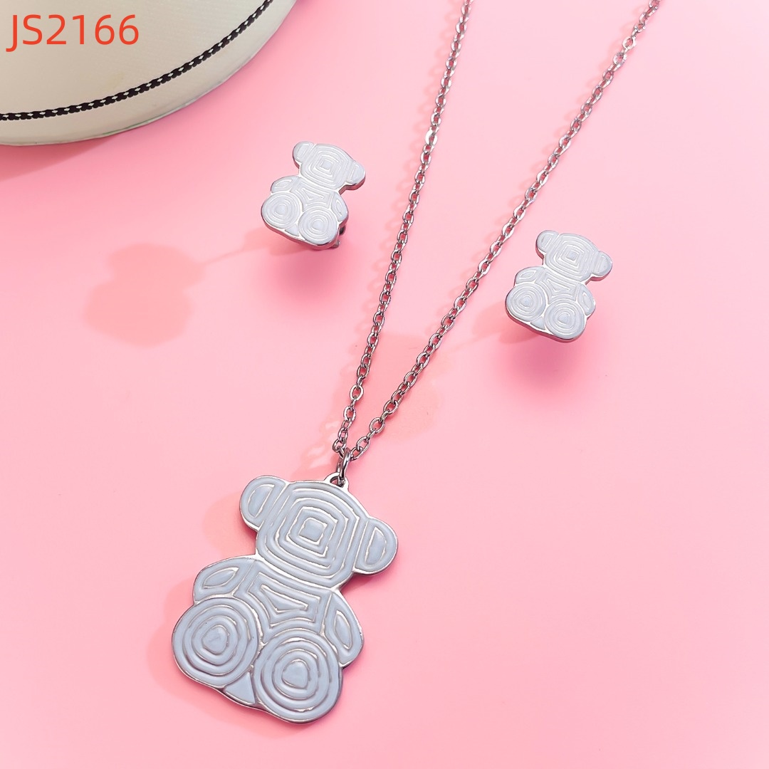 New Fashion Women Girls Silver Gold Stainless Steel Span Bear Cartoon Animal Black White Pink Oil Heart Bracelet Pendant Earrings Jewelry