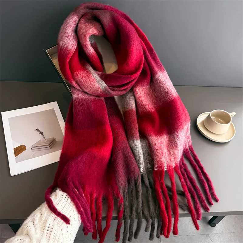Neck Warmer Scarf For Women Winter Thickened Tassel Pashmina Shawl Faux Cashmere Warps Autumn Rainbow Plaid Elegant Blanket Y251211