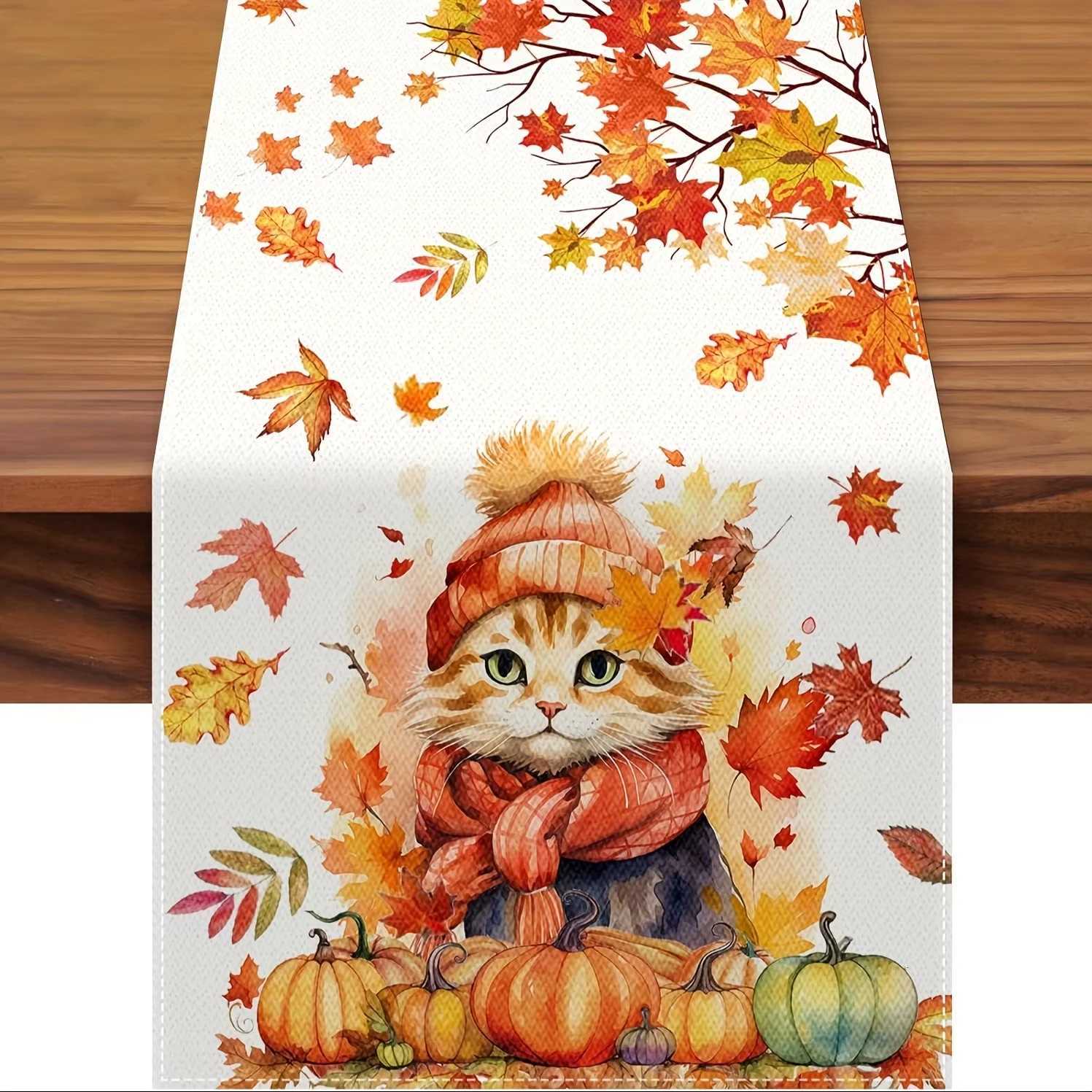 Fall Thanksgiving Pumpkins Linen Table Runner for Table Decoration Autumn Harvest Maple LeavesTable Cloth Christmas Decor Table H251211
