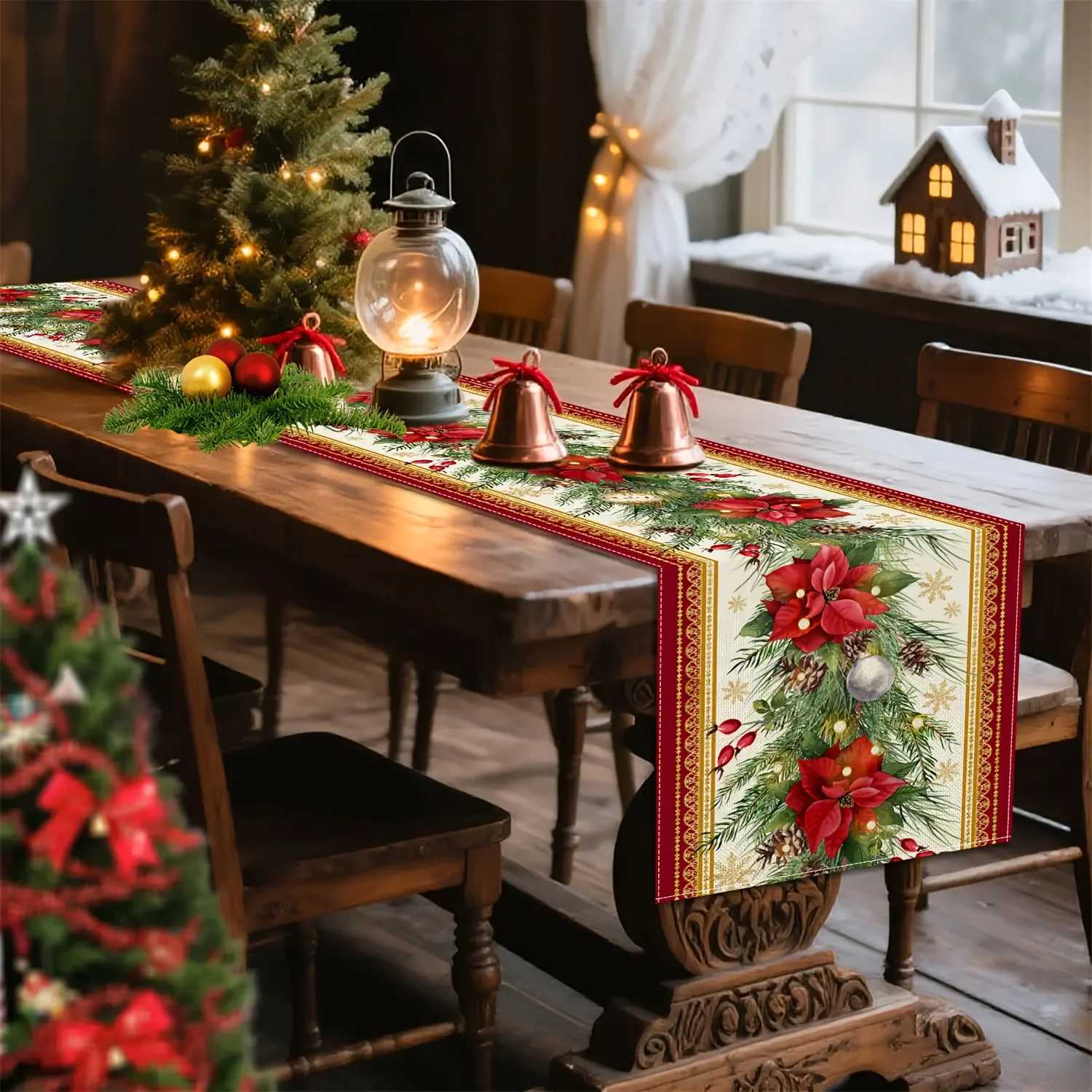 Christmas Poinsettia Pine Needle Linen Table Runner Party Decor Winter Holiday Kitchen Dining Table Runner Christmas Decorations H251211