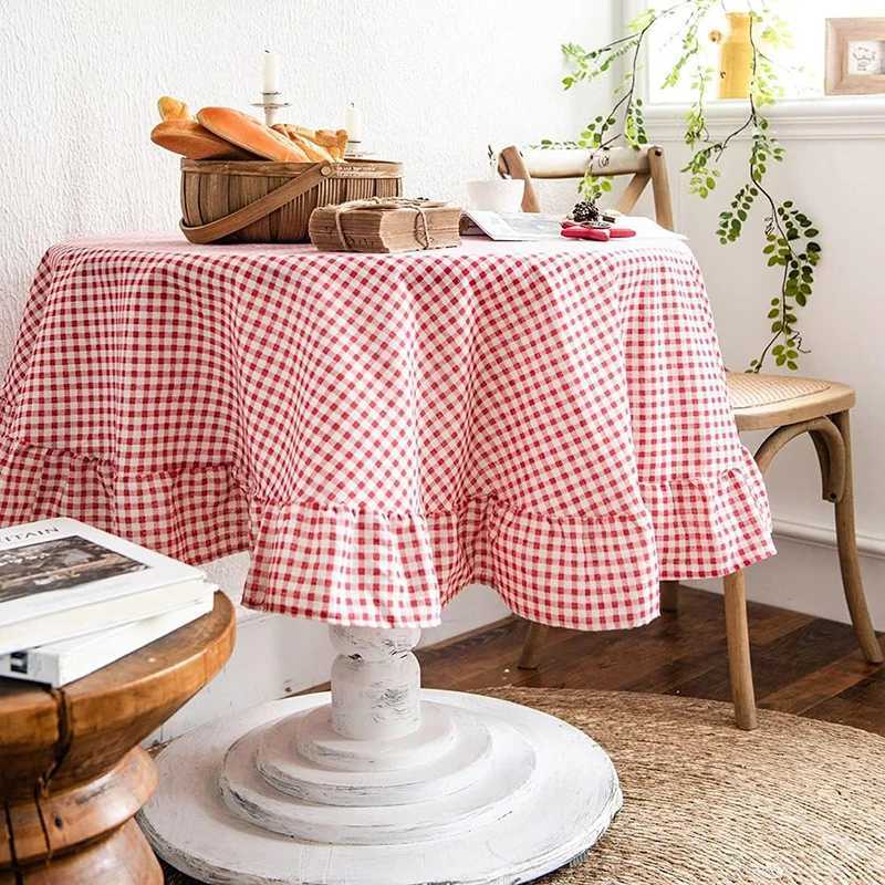 Red White Plaid Christmas Tablecloth Ruffled Round/Rectangular Tablecover for Vintage Kitchen Dinning Wedding Decoration H251211