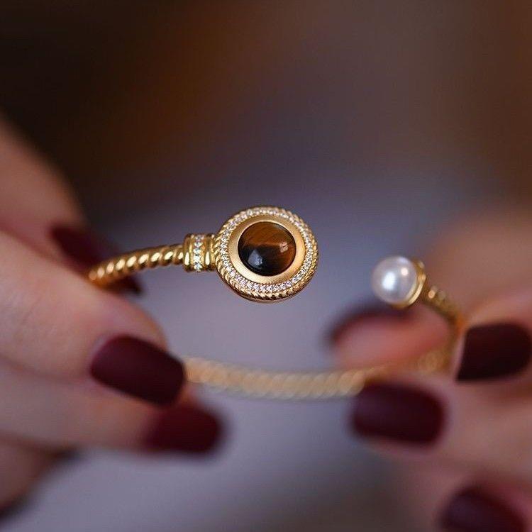 24K Real Gold Plated Tiger Eye Stone Pearl Geometric Open Vintage Fashion Bracelet Light Luxury High-end Jewelry