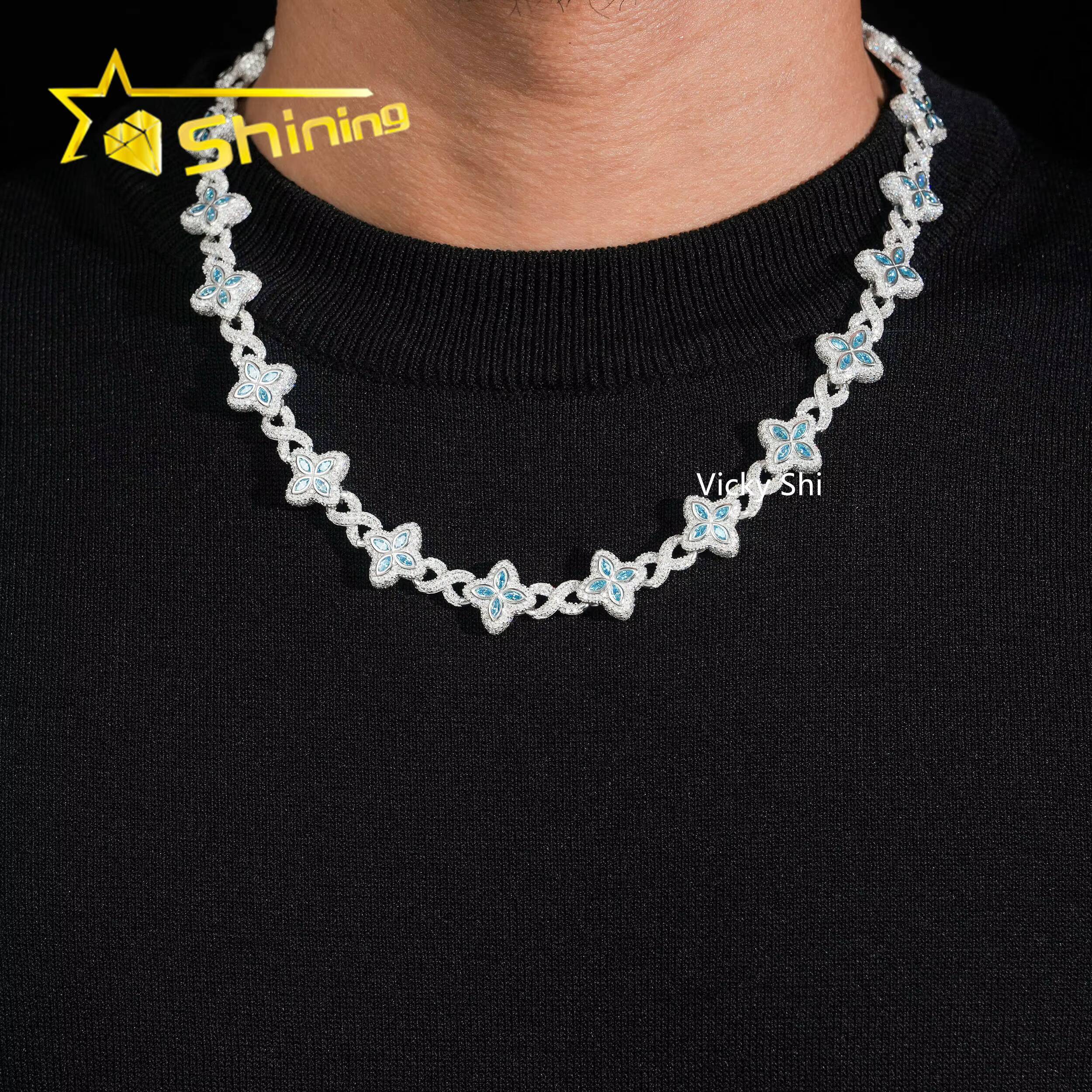 Popular Blue Color Clover Cuban Chain Moissanite Fine Jewelry Custom Iced Out 925 Silver Men Cuban Link Moissanite Necklace