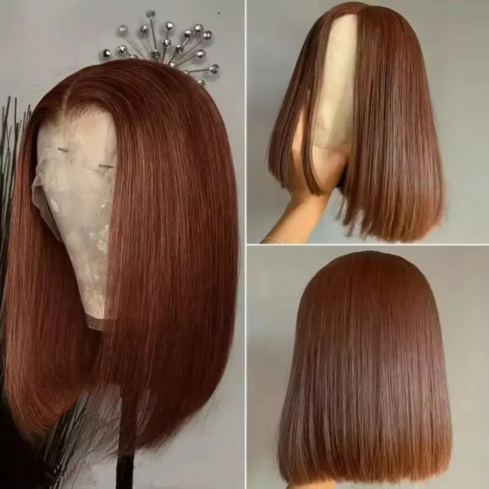 Brown Straight Short Bob Human Hair Wig 13x4 HD Transparent Lace Frontal Wigs 360 Full Lace Glueless Brazilian Hair Wig For Black Women 14 16 Inch
