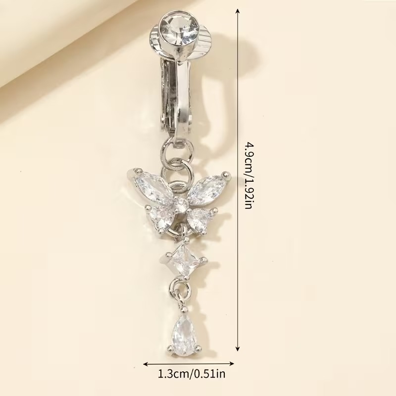 Heart-Shaped Butterfly Belly Button Ring - Sparkling Rhinestone Faux Piercing Jewelry