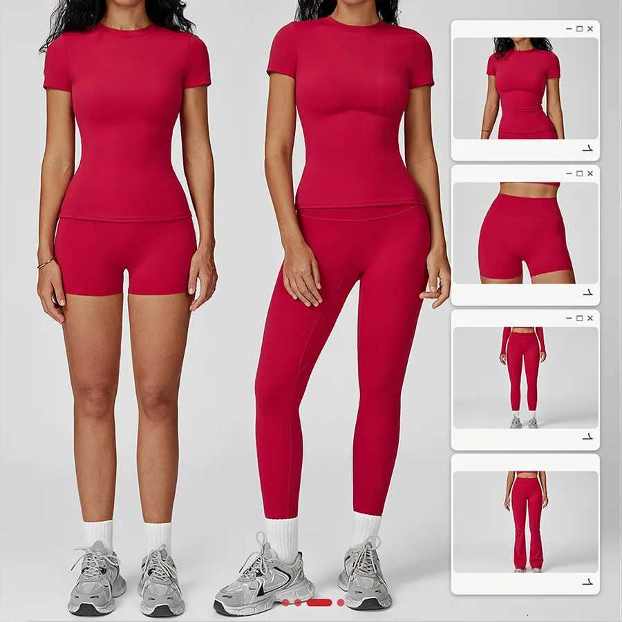 New Yoga Set Two Piece Women Short Sleeve Top with High Waist Leggings Seamless Workout Clothes Patchwork Sport Fitness Gym SetsT251211