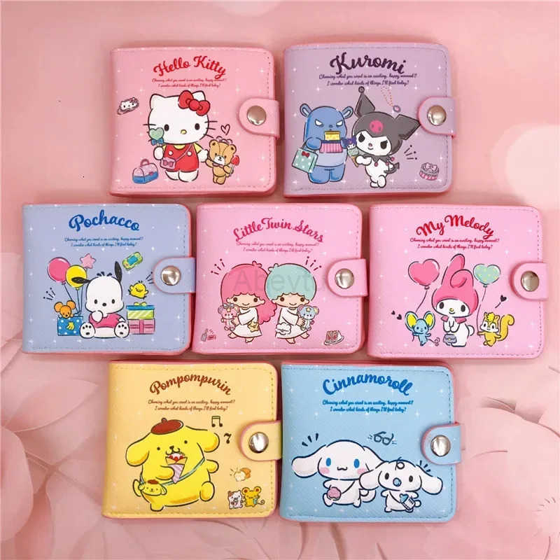 Sanrio Short Wallet Hello Kitty Cinnamoroll Melody Kuromi Cute Cartoon Foldable PU Card Case Coin Purse Accessories Girl Gift H251211