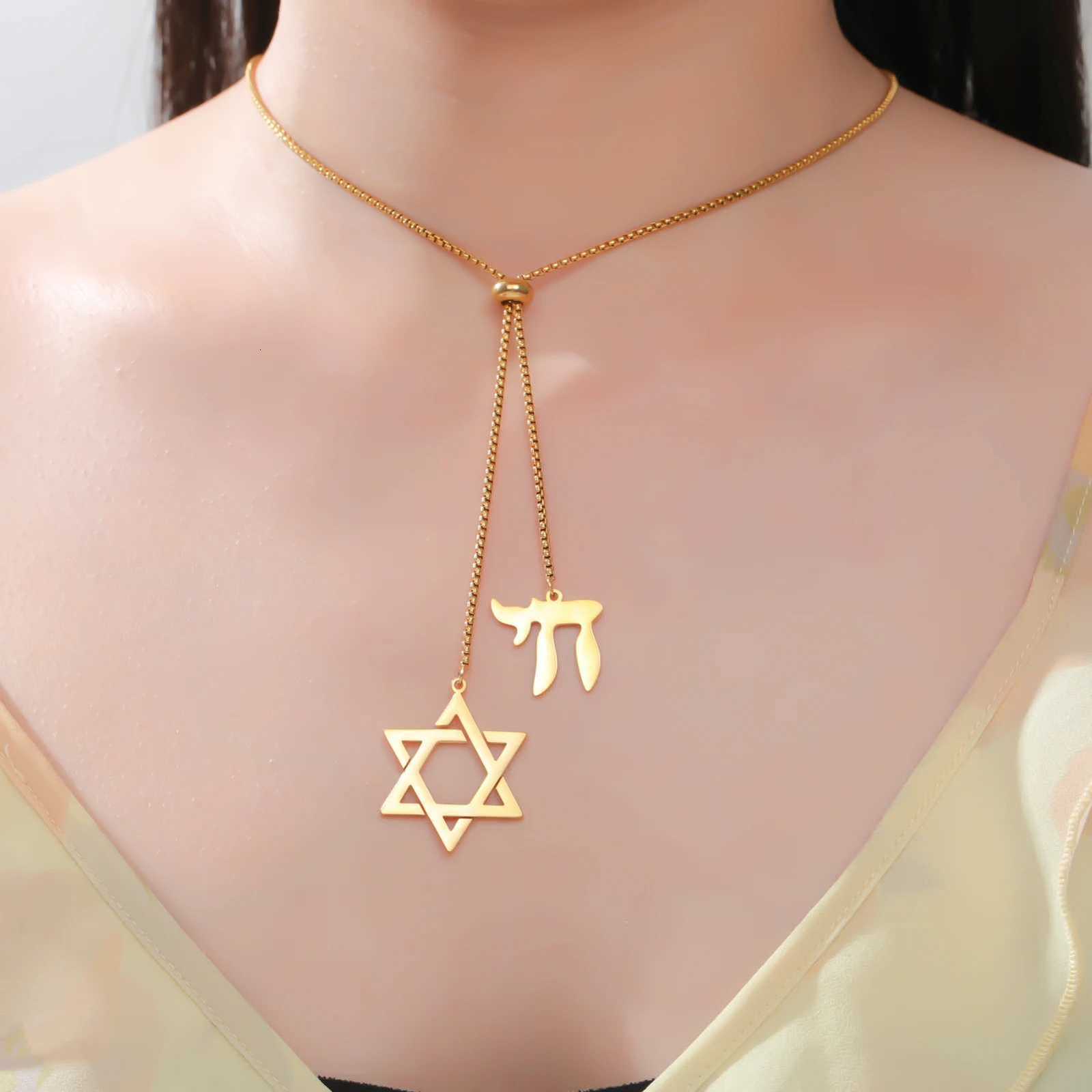 Teamer Hebrew Letter Star Of David Hexagram Choker Double Charms Necklace Stainless Steel Israel Judaism Jewelry Hanukkah Gift M251211