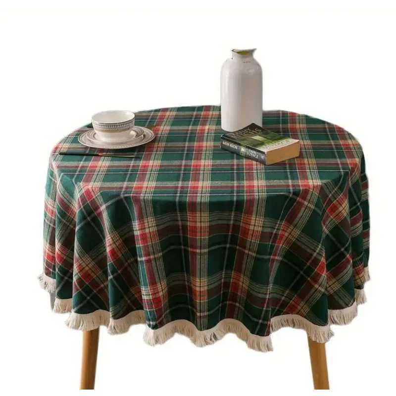 Cotton Christmas plaid tablecloth soft plaid tassel tablecloth washable round tablecloth Christmas decoration H251211