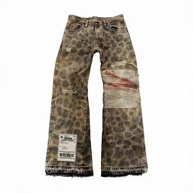 Distressed Leopard Print Jeans Mens Womens Y2K Ripped Holes Rivet Denim Pants Streetwear Casual Fashion Vintage Style Trendy 251210