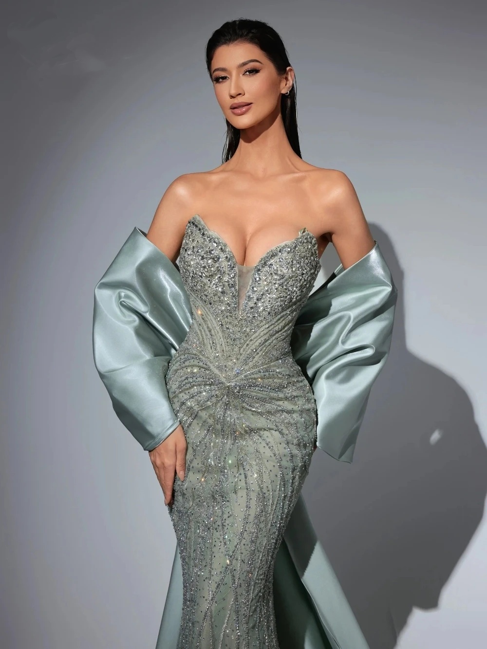 Gorgeous Sequin Beading Evening Dresses Strapless Prom Gown Detachable Train Mermaid Backless Princess Customized Vestidos De Noche Plus Size