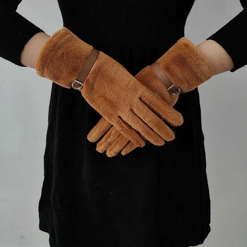 Fashion Elegant Suede Touch Screen Keep Warm Winter Women Gloves Imitate Rabbit Fur Soft Windproof Leather Buckle Soft Y251211