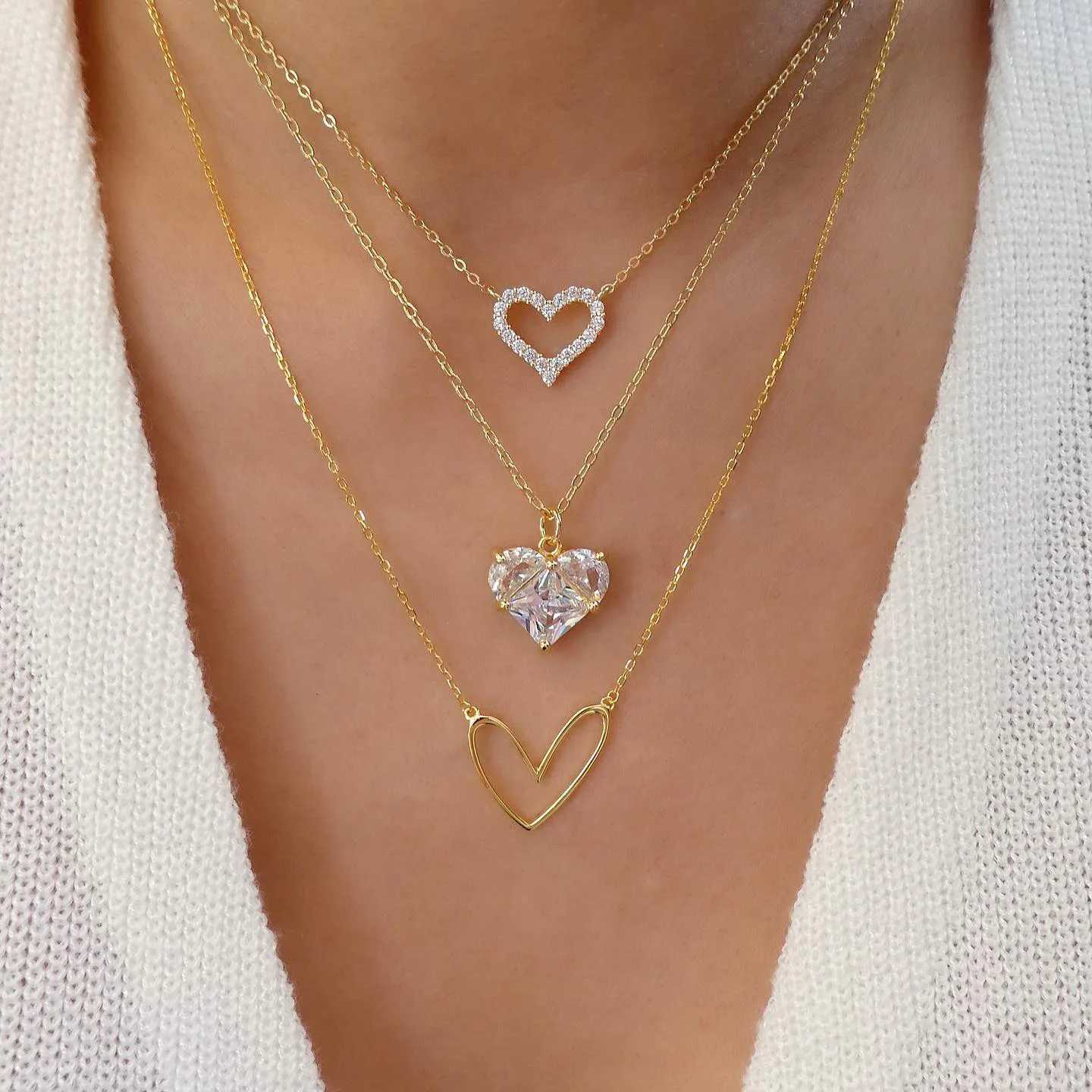 Crystal Zircon Heart Star Charm Layered Pendant Necklace Set for Women Charms Fashion Square Rhinestone Female Vintage Jewelry M251211