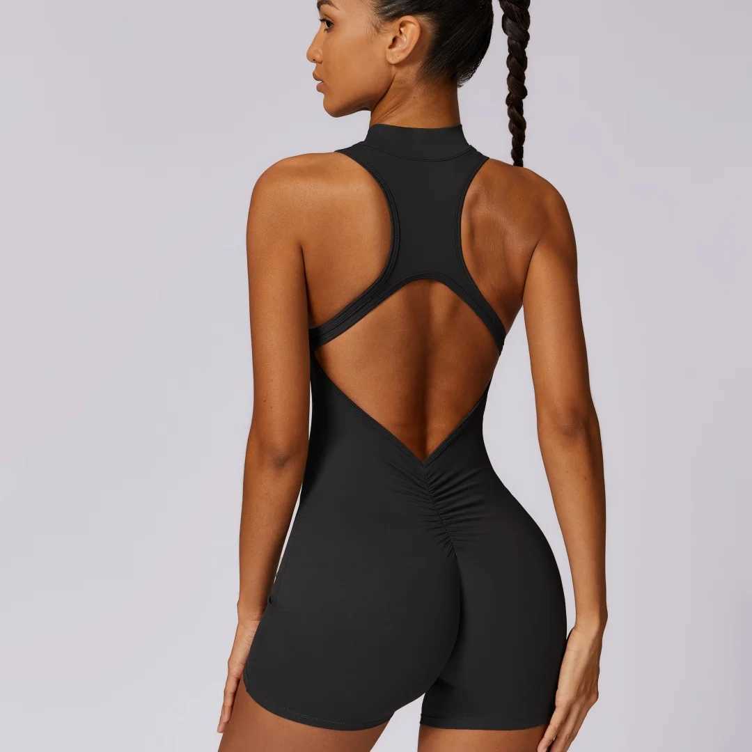 Solid color Backless Back Waist Scrunch Yoga Jumpsuit Short Set Women Zipper Sportswear Fitness One Piece Sports Suit WorkoutT251211