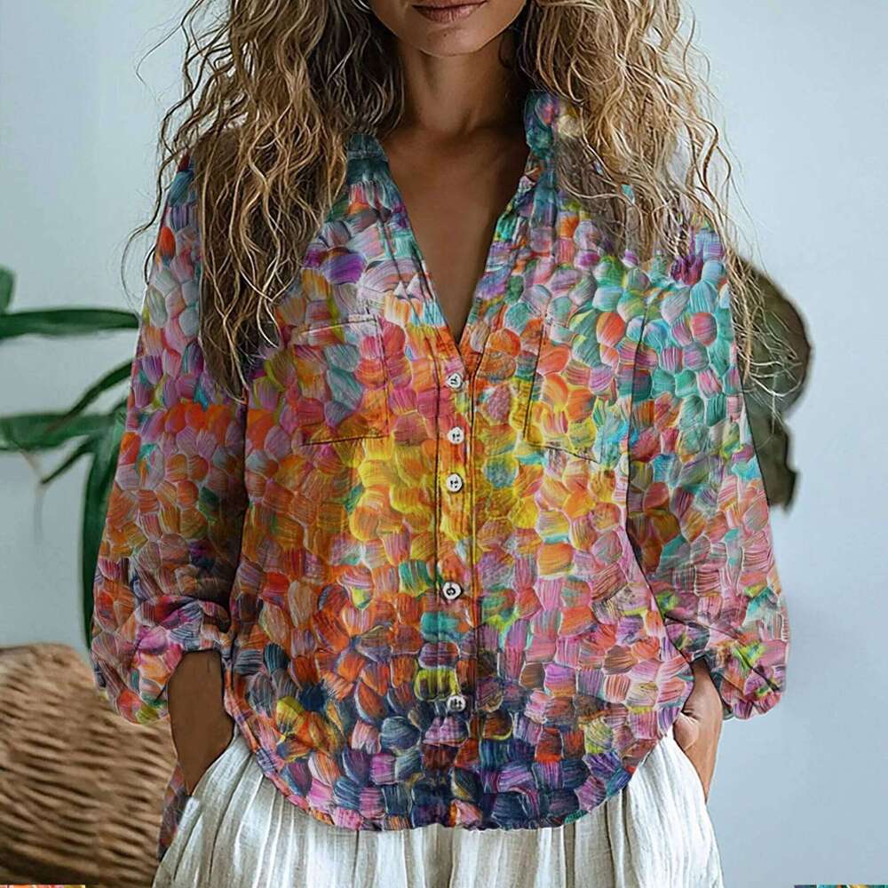 Women's Shirt V-Neck Printed Slimming Linen Fabric D-Shape Long Sleeve Casual Style Spring Comfortable Top Shirt