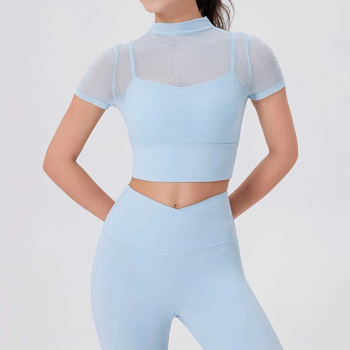 Yoga Set 2 Pieces Fitness Clothes Sexy Mesh Short Sleeve Top Buttery Soft Leggings Gym Suit Outdoor Running Sportswear WorkoutT251211