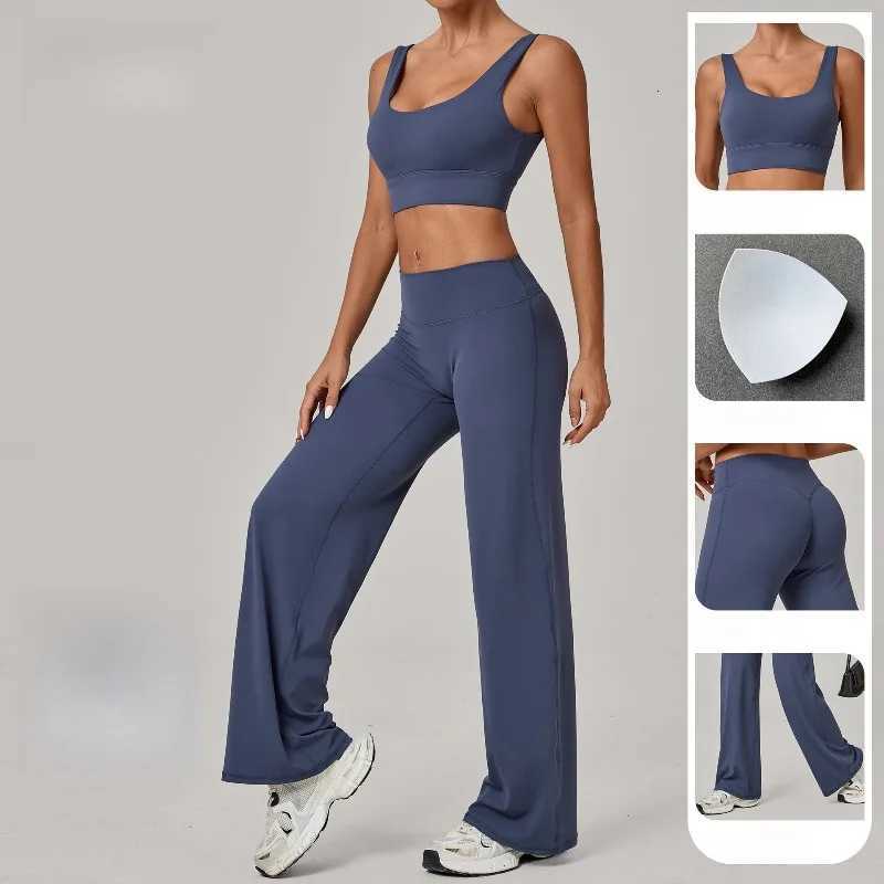Women Yoga Set Double Shoulder Strap Bra Straight Leg Pants Quick Dry Gym Fitness Workout Clothes Outdoor Running Sports SetT251211